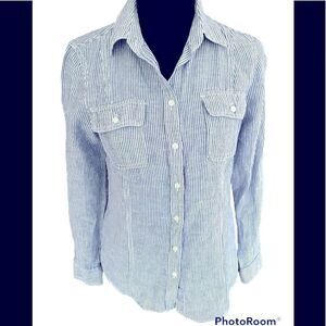 KENAR button front linen blend striped shirt with tab button sleeves, size XS
